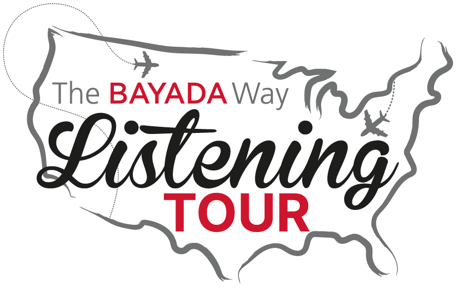 Map of the U.S. with "The BAYADA Way Listening Tour" text. Two airplanes fly across. The design is bold, conveying movement and engagement.