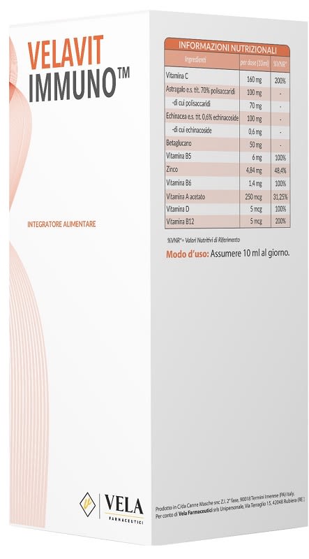 image - 987646902 - Velavit Immuno è un integratore liquido da 200 ml che combina vitamina C, astragalo, echinacea, betaglucano, vitamine B5, B6, B12, A, D e zinco, utile per supportare il sistema immunitario. - 4867470_1.jpg
