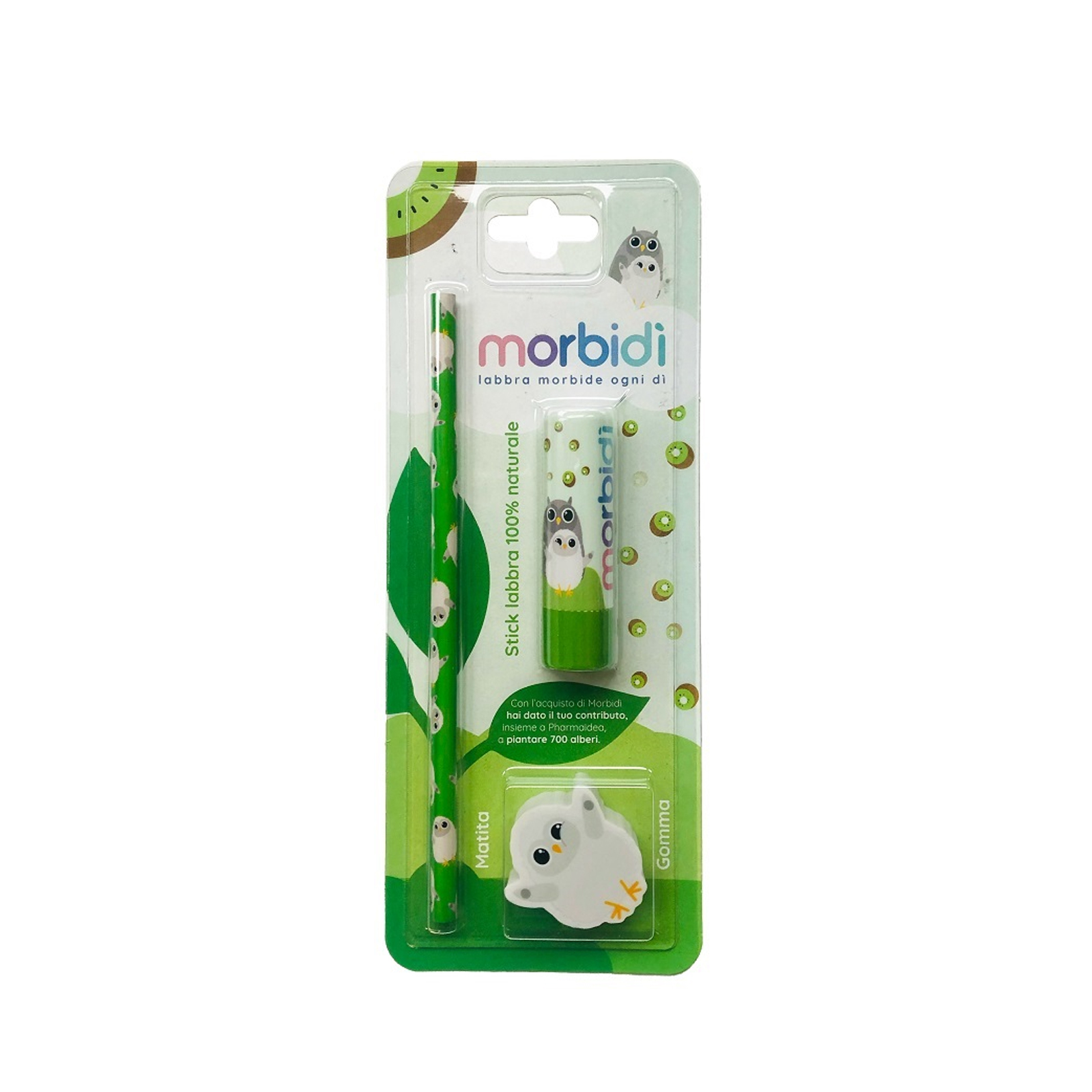 Morbidì Kit Disegno Balsamo Stick Labbra Kiwi + Matita + Gomma Da Cancellare