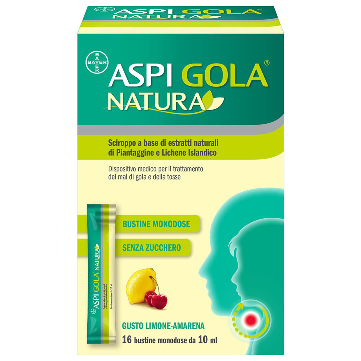 Aspi Gola Natura Sciroppo Per Mal Di Gola E Tosse Gusto Limone E Amarena 16 Bustine 10ml