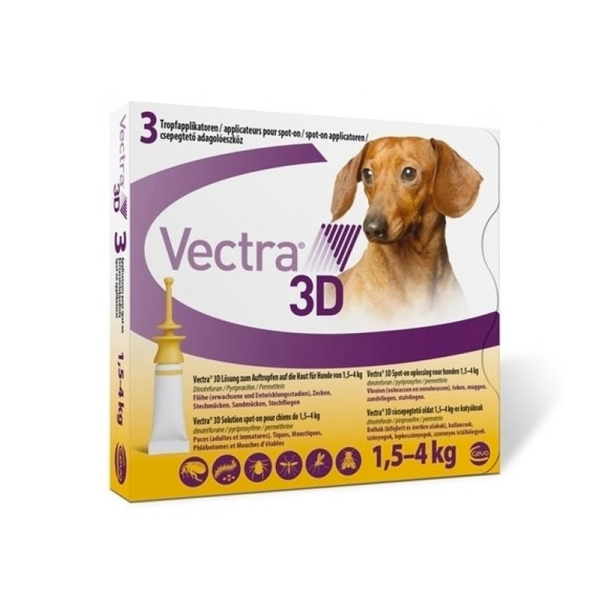 Vectra 3d Spot-on Soluzione 3 Pipette 0,8ml 44mg + 3,9mg + 317mg Cani Da 1,5 A 4kg, Tappo Giallo