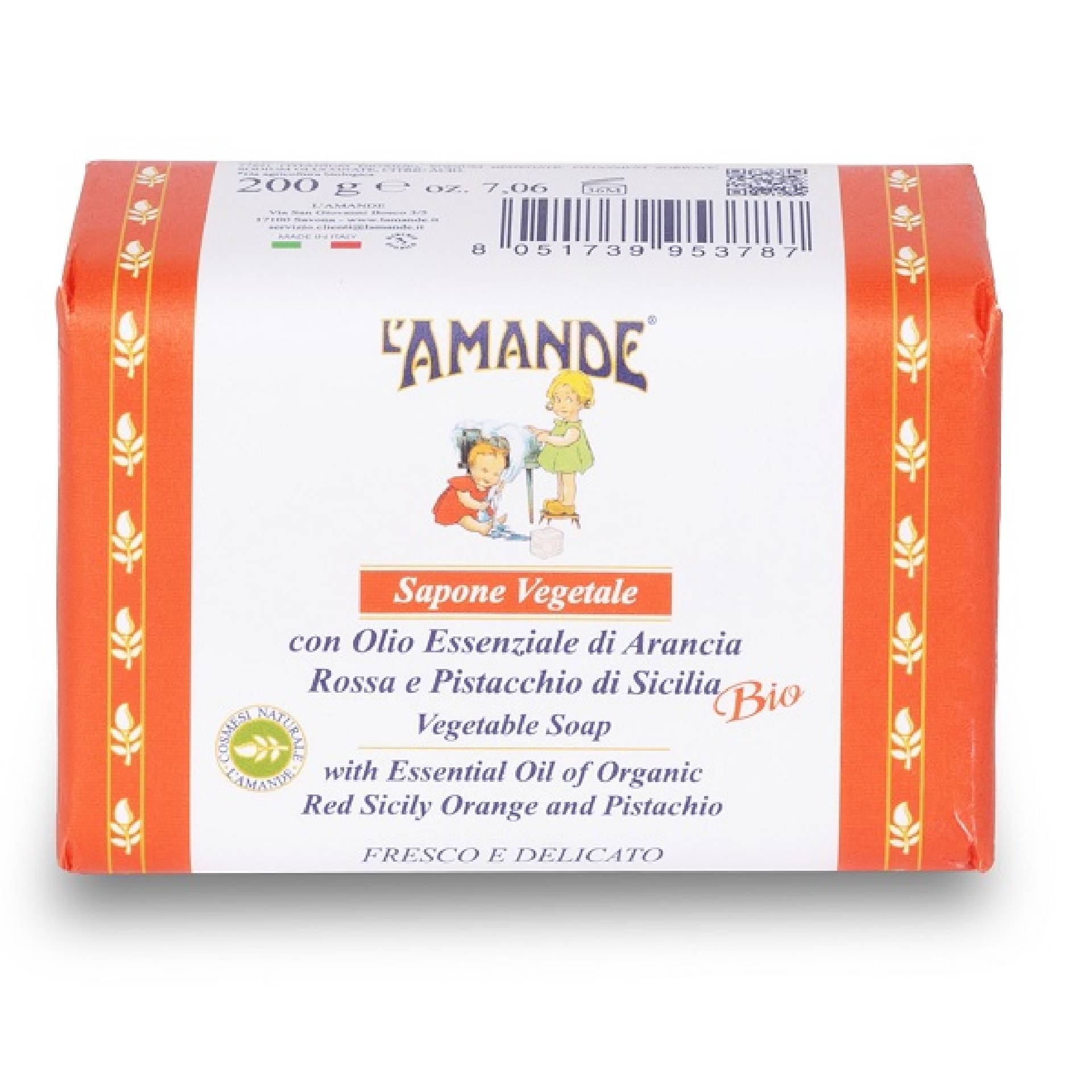 L'amande Aromatique Sapone Vegetale Gusto Arancia Rossa Pistacchio Di Sicilia 200g