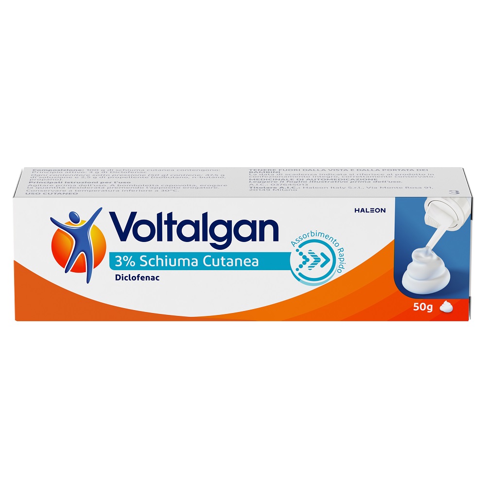 Voltalgan Anti-infiammatorio Schiuma della pelle 3% Diclofenac Distorsioni Strappi Muscolari 50ml