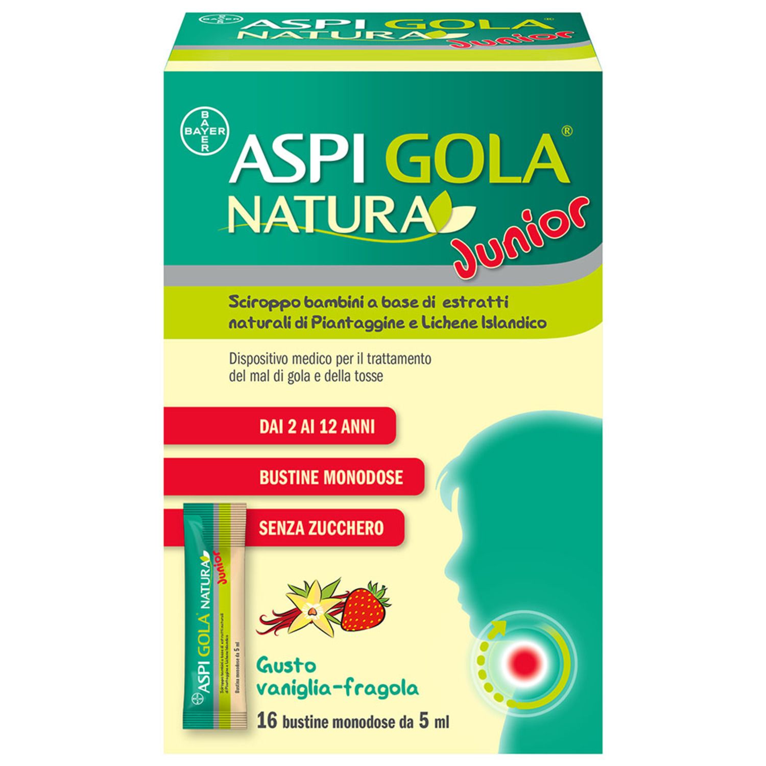 Aspi Gola Natura Junior Sciroppo Mal Di Gola E Tosse Per Bambini Vaniglia Gusto fragola 16 Buste