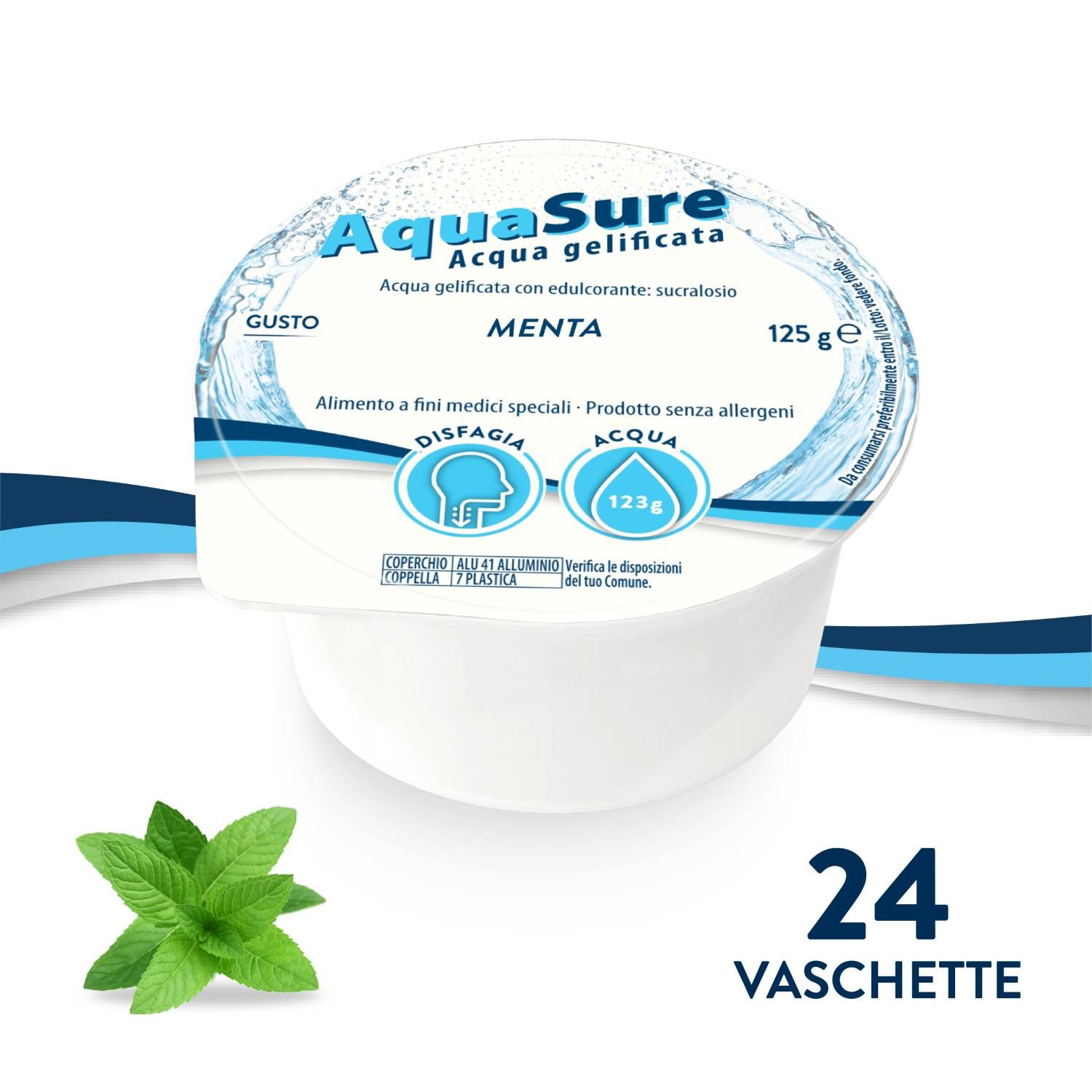 Aquasure Acqua Gel Gelificata Disfagia Gelatina Al Gusto Menta 24 Vaschette