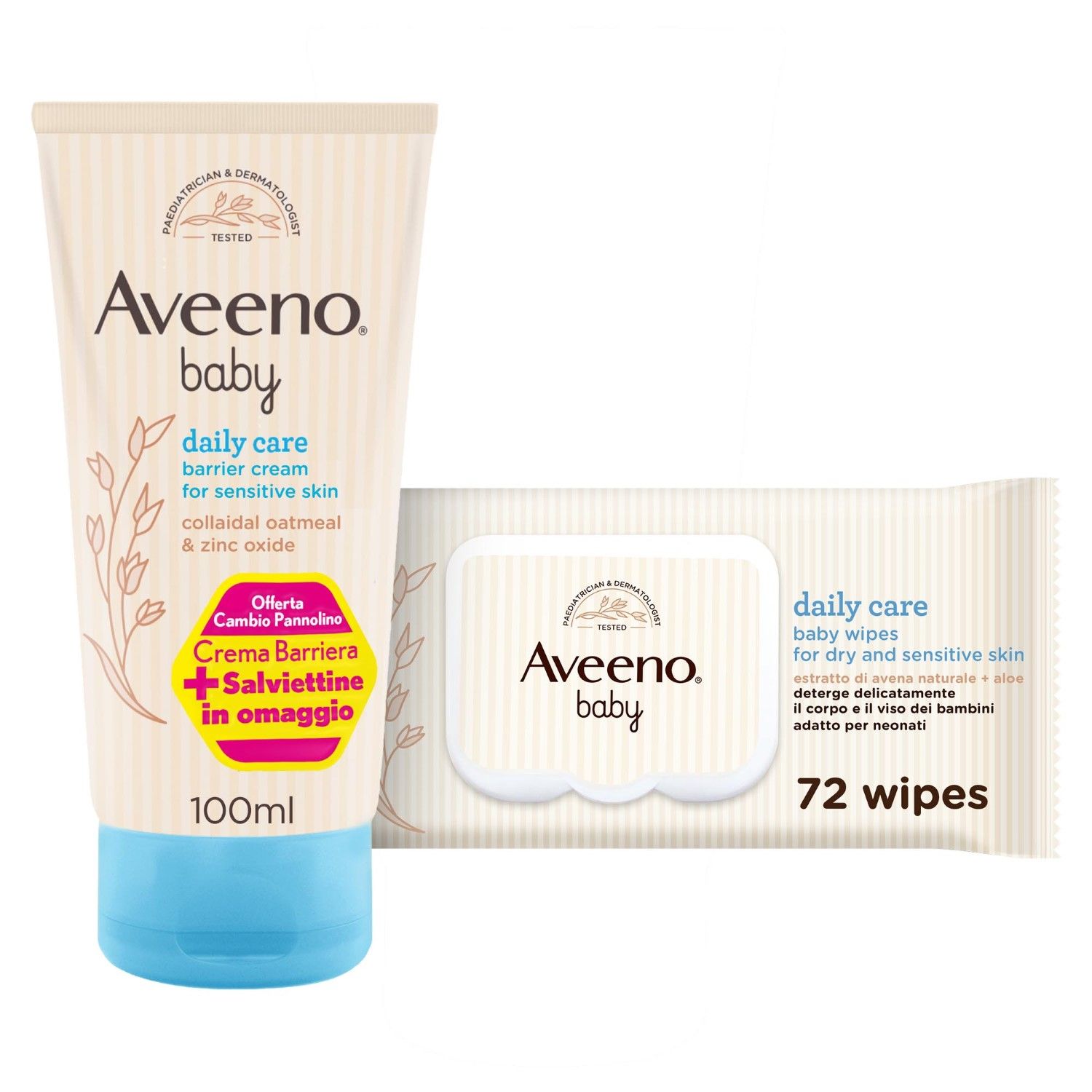 Aveeno Baby Barrier Crema 100ml E Aveeno Baby Daily Care Salviette 72 Pezzi