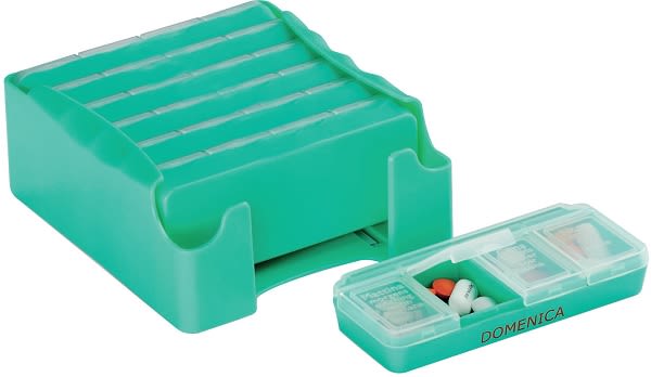 image - 902260443 - Portapillole settimanale con 7 contenitori giornalieri, ciascuno con 4 scomparti per mattina, pranzo, cena e notte, ideale per organizzare l'assunzione di medicinali in capsule o compresse. - 7871694_1.jpg