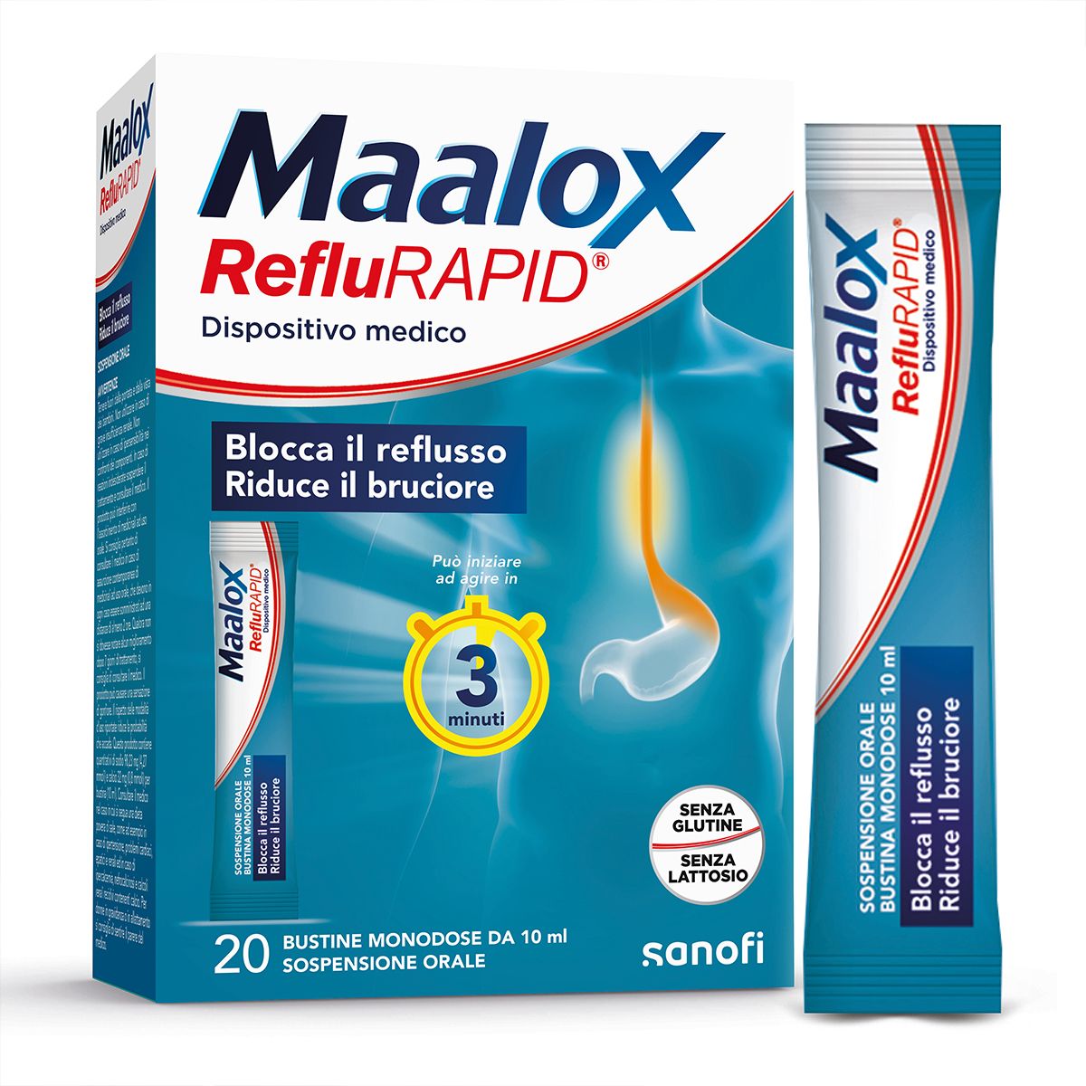 Maalox Reflurapid Contro Reflusso E Bruciore Senza Lattosio E Glutine 20 Bustine