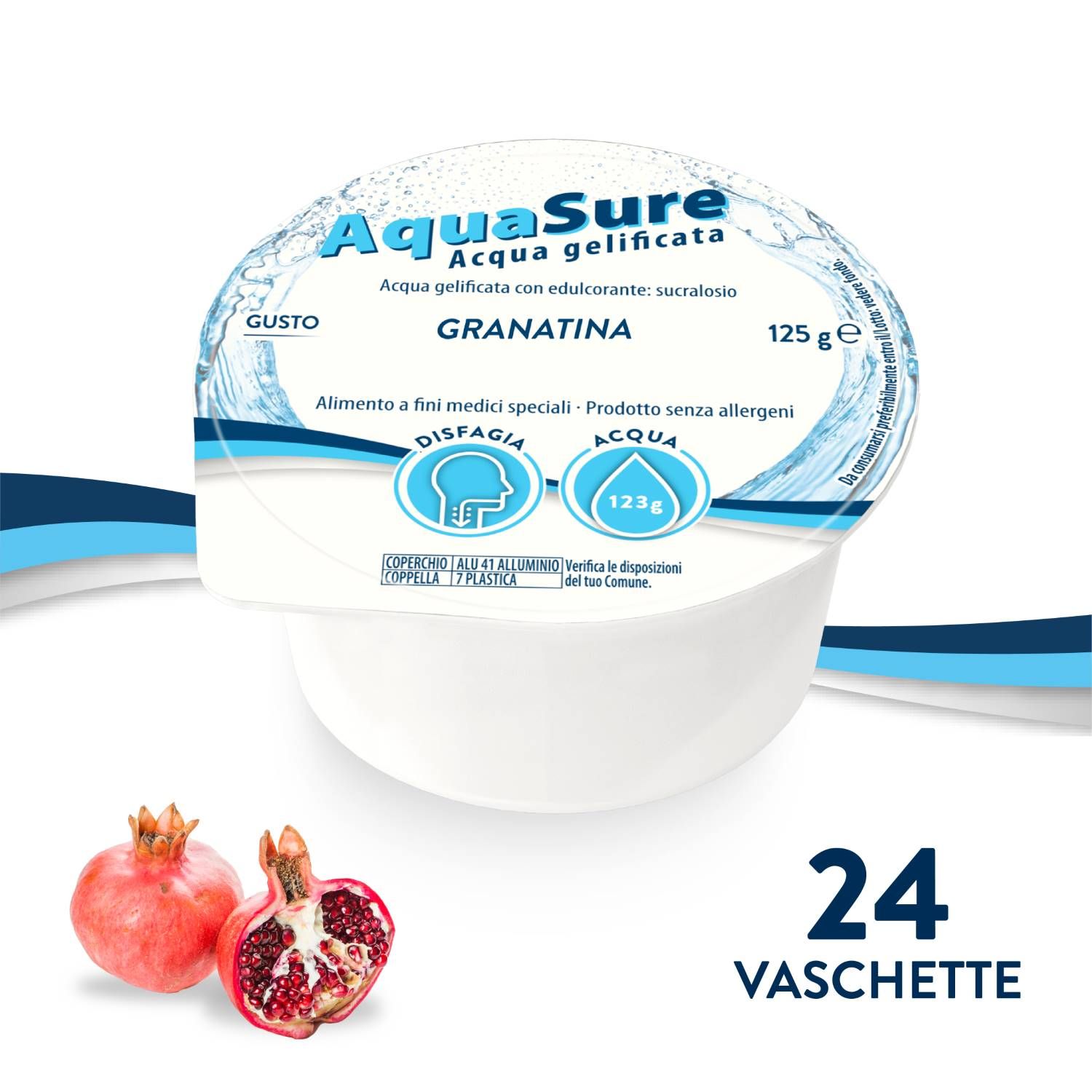 Aquasure Acqua Gel Gelificata Disfagia Gelatina Gusto Granatina 24 Vaschette