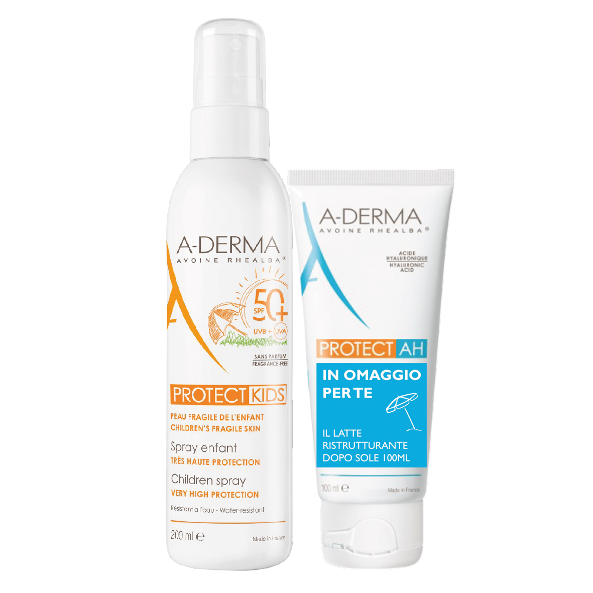 A-derma Kit Solare Protect Kids Spray Bambino Spf50+ 200ml + Protect Ah Latte Ristrutturante Doposole Idratante 100ml