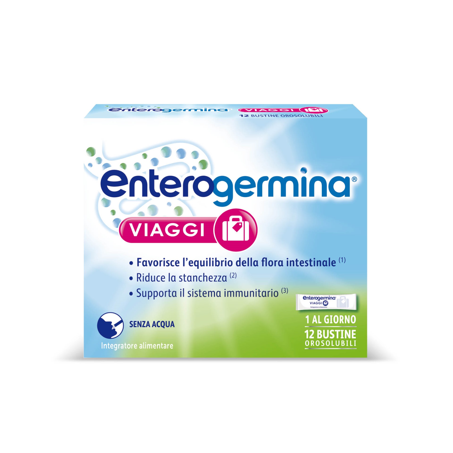 Enterogermina Viaggi Integratore Regolarità Intestinale Probiotici Vitamine A B12 B6 B9 D 12 Bustine