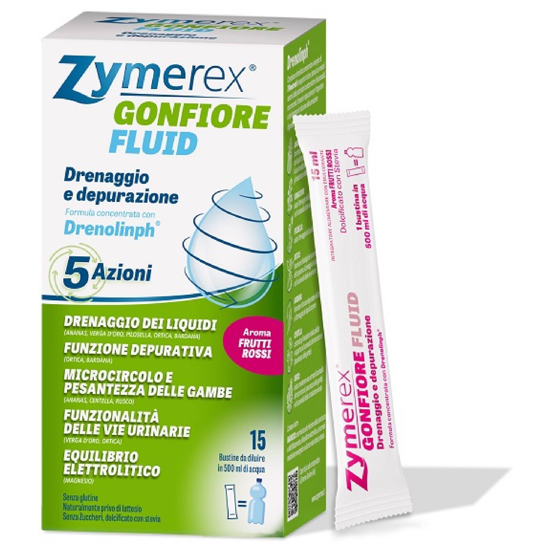 Zymerex Gonfiore Fluid Frutti Rossi Integratore Drenaggio E Depurazione 15 Bustine