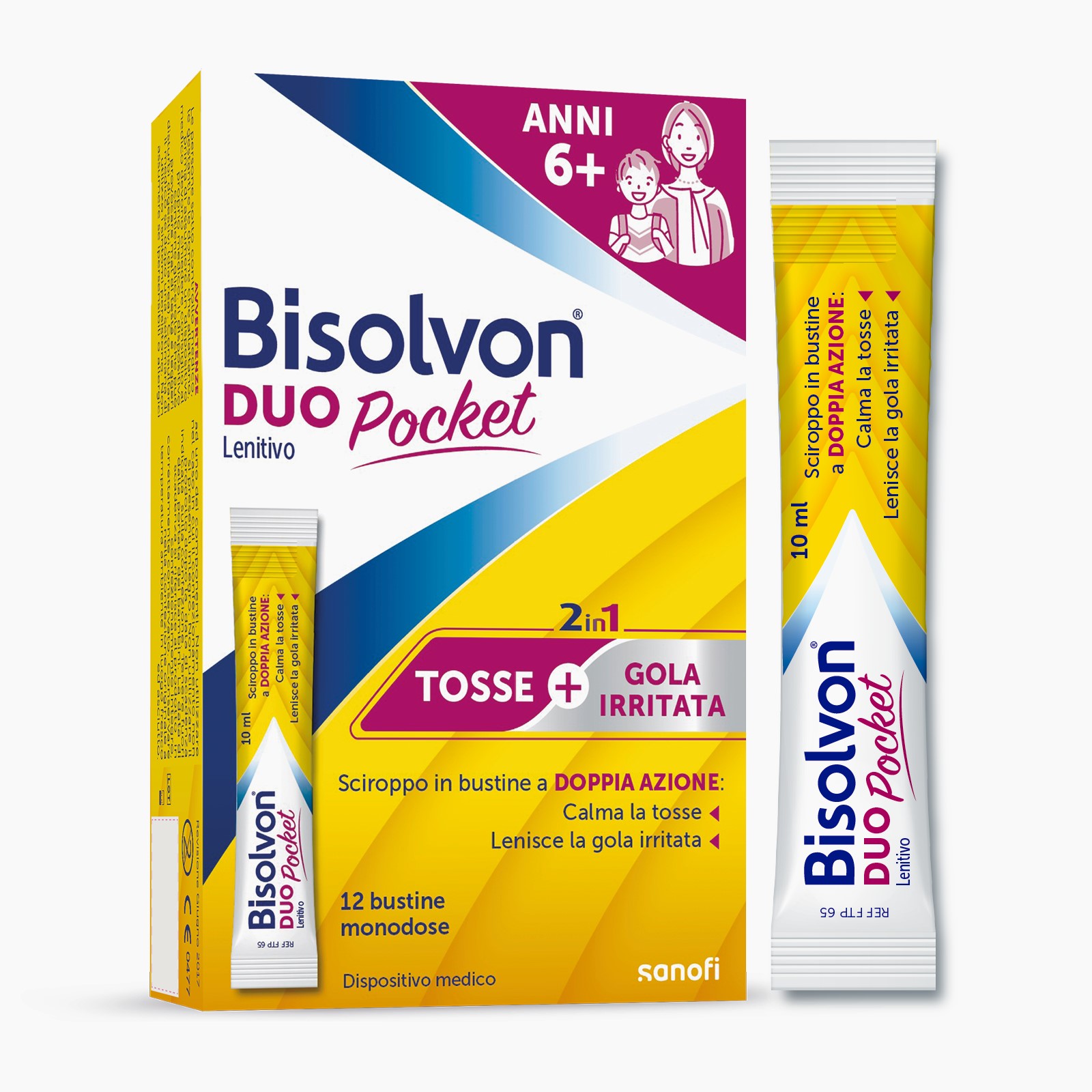 Bisolvon Duo Pocket Lenitivo Sciroppo Contro Tosse E Gola Irritata per Adulti Bambini 12 Bustine