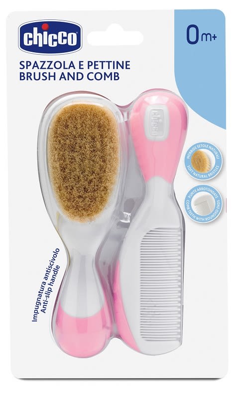 image - 924729371 - Spazzola e pettine rosa con setole naturali e punte arrotondate, ideali per pettinare delicatamente i primi capelli del bambino fin dai primi giorni. - 7883341_1.jpg