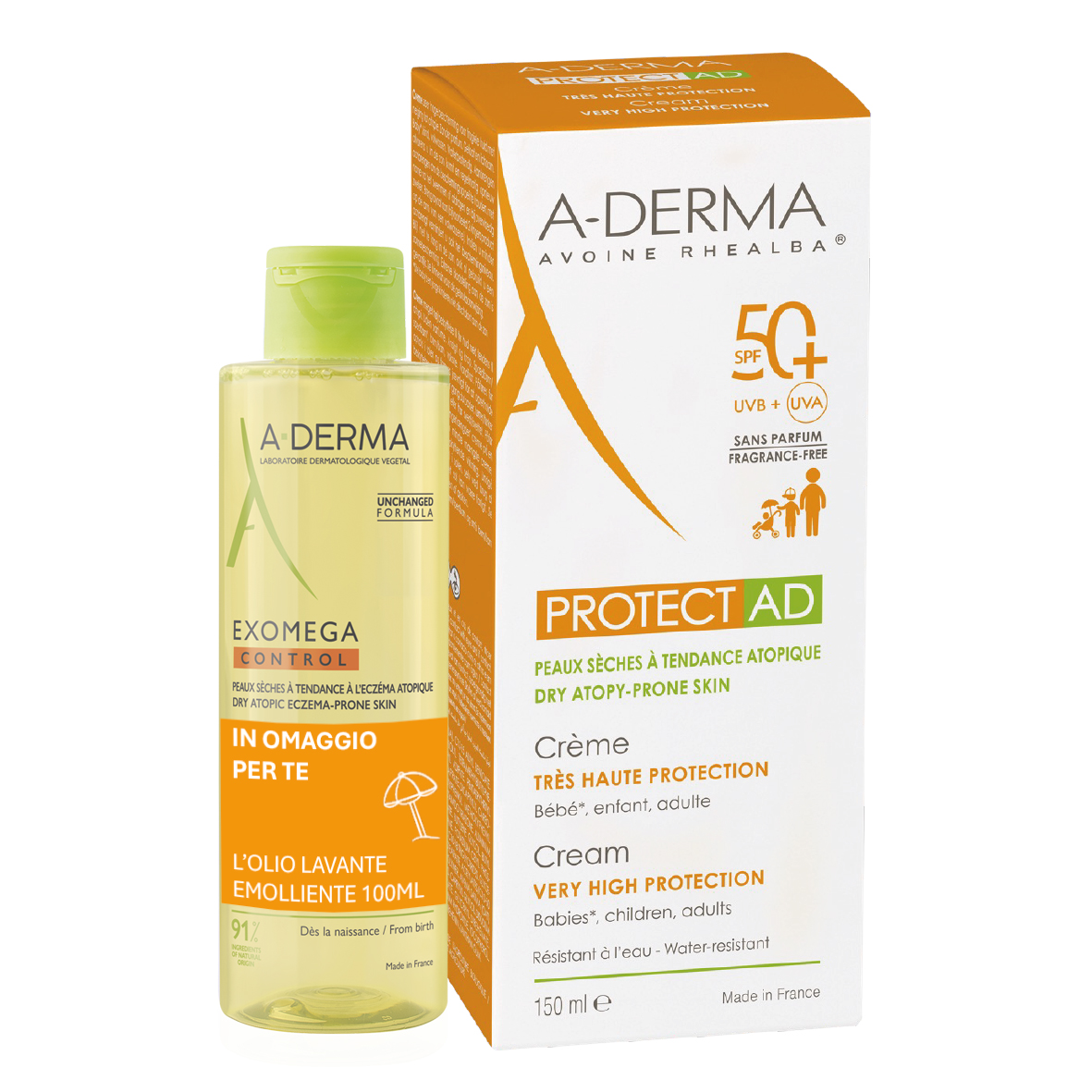 A-derma Kit Solare Protect Crema SPF 50+ 150ml + Olio emolliente lavante Exomega Control 100ml