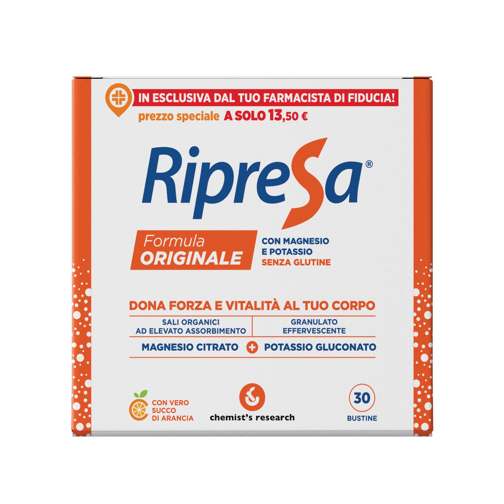 Ripresa Integratore Magnesio E Potassio Gusto Gusto Arancia 30 Bustine