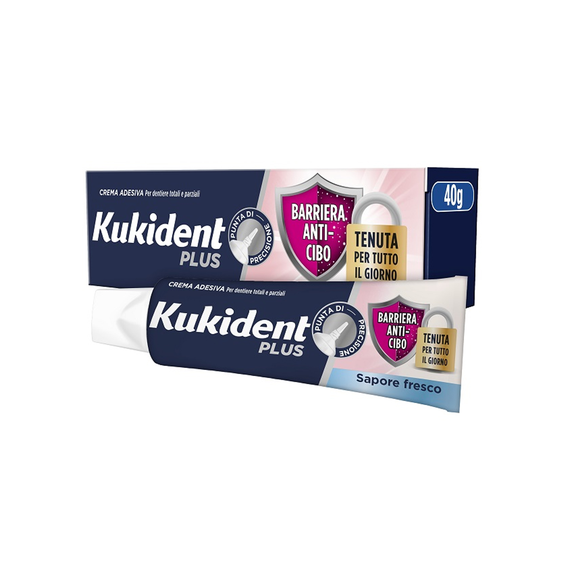 Kukident Plus Barriera Anti-cibo Crema Adesiva Per Dentiere Totali E Parziali Sapore Fresco 40g