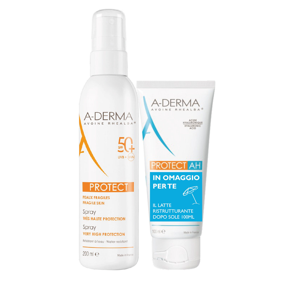 A-derma Kit Solare Protect Spray SPF 50+ 200ml + Protect Ah Latte Ristrutturante Doposole Idratante 100ml