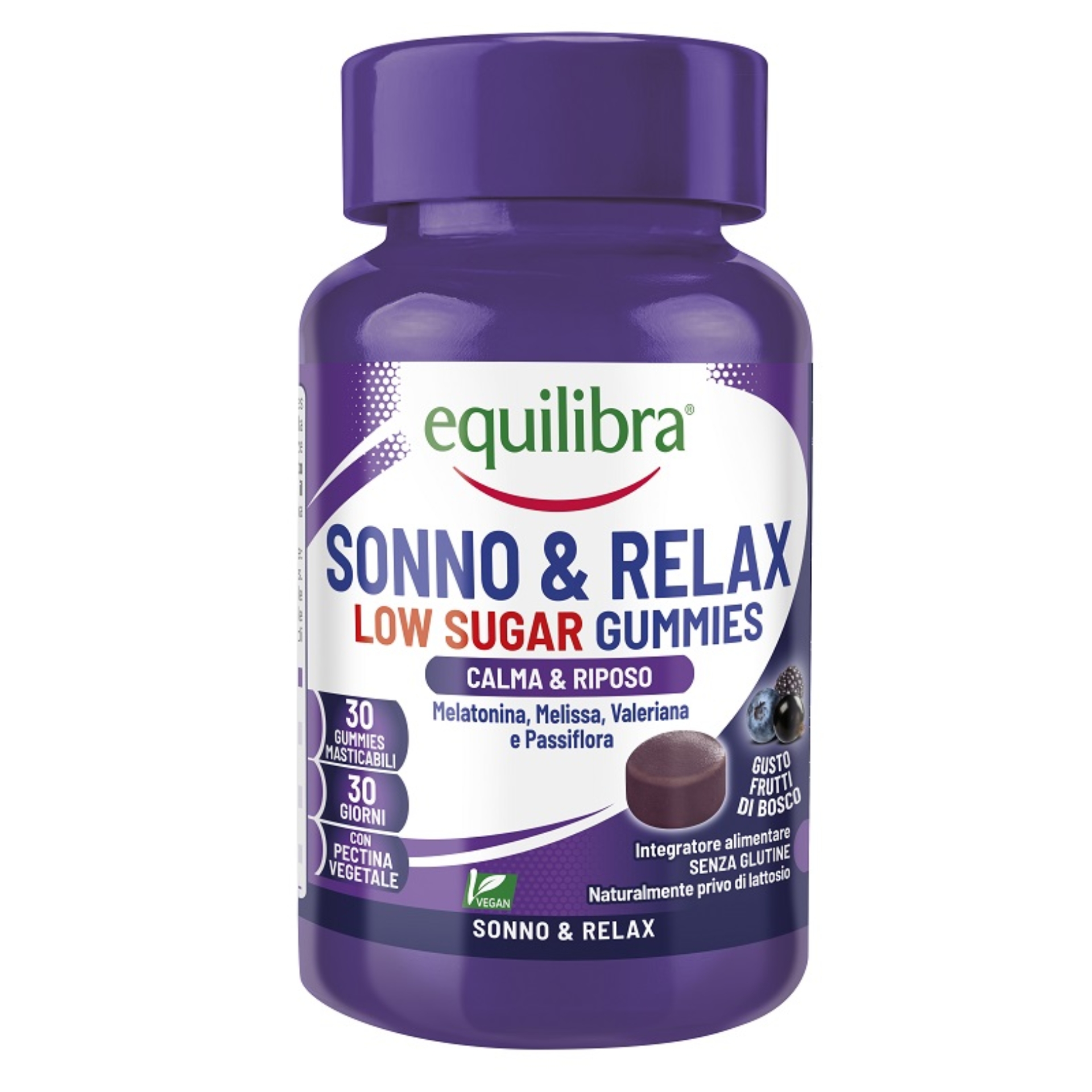 Equilibra, Melatonina in Gummies Low Sugar, 1 mg per Gummy, Vegan, Melatonina Sonno e Relax, per Favorire il Sonno, con Estratti Vegetali, a Base di Pectina, Senza Glutine, Gusto Lampone, 30 Gummies-image