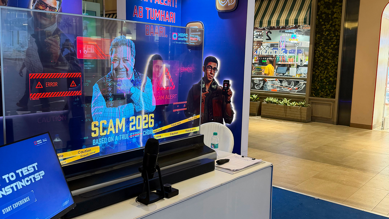 a large transparent OLED display presenting a hyper-realistic digital avatar 