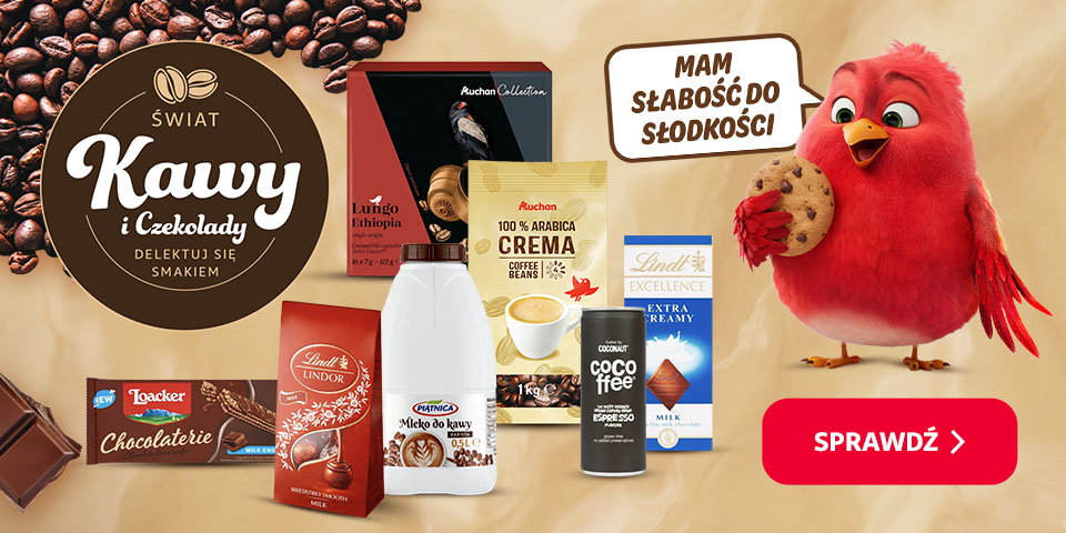 Baner „Świat Kawy i Czekolady” z ziarnami kawy, czekoladami, kawą mieloną i rozpuszczalną oraz tabliczkami czekolady różnych marek. Po prawej czerwony ptaszek trzyma czekoladę obok hasła „Mam słabość do słodkości”.
