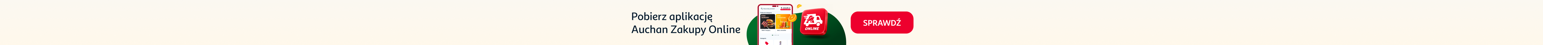 Baner przedstawia Rudzika na tle produktów spożywczych i papierowej torby Auchan, obok której widoczny jest smartfon z aplikacją Auchan Zakupy Online. Baner zachęca do pobrania aplikacji i wygodnych zakupów online.