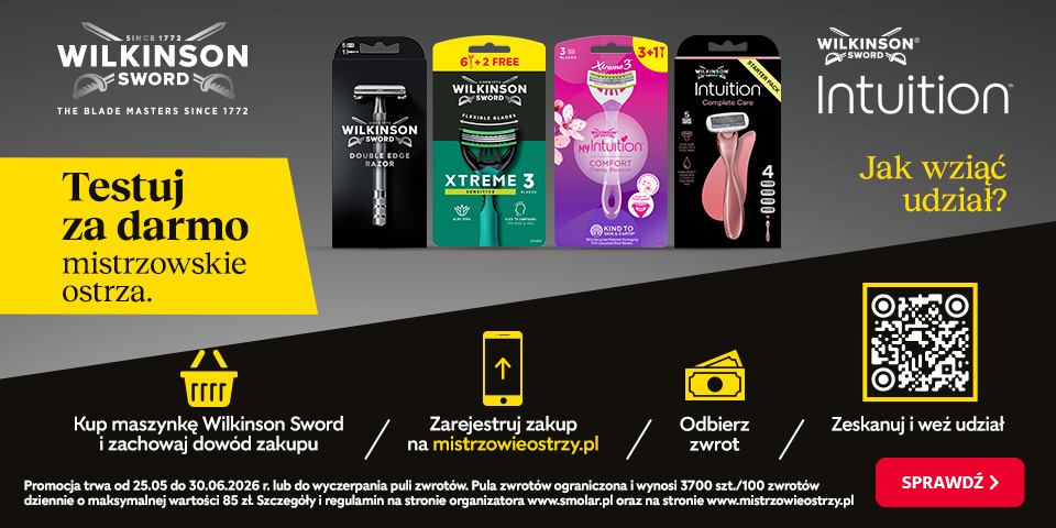 Reklama Wilkinson Sword "Testuj za darmo mistrzowskie ostrza". Przedstawia cztery opakowania maszynek do golenia: Wilkinson Sword, Xtreme 3 (6+2 gratis), Intuition (3+1) i Intuition Complete Care. Opisano kroki udziału w promocji.