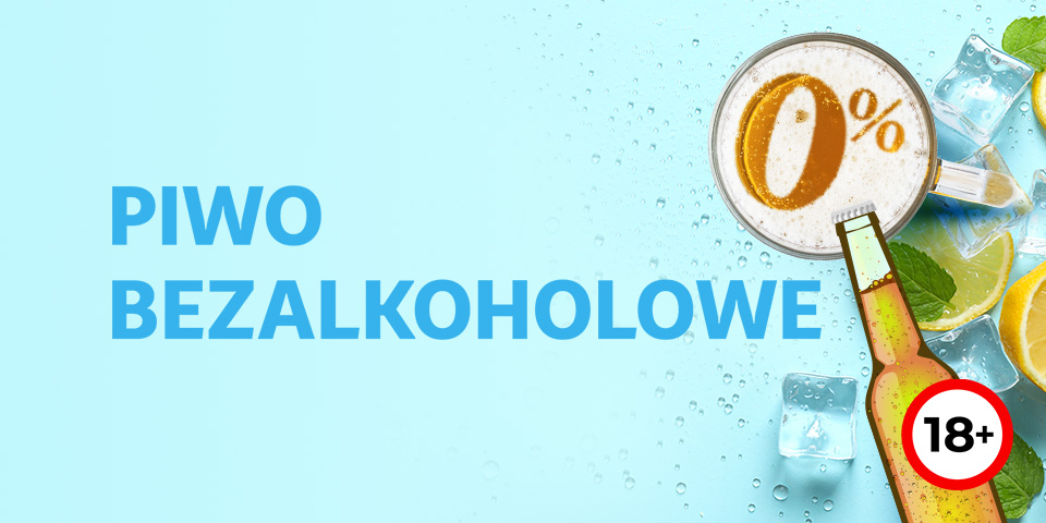 Grafika z napisem „Piwo bezalkoholowe” na jasnoniebieskim tle. Widoczne butelka piwa, kufel z pianką i symbolem „0%”, kostki lodu, plasterki cytryny oraz liście mięty.