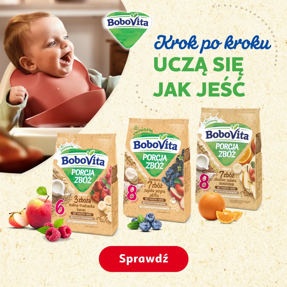 Reklama BoboVita przedstawia uśmiechnięte dziecko w krzesełku, obok trzy opakowania kaszek zbożowych BoboVita z owocami (truskawka, banan, jagody, gruszka, kokos, pomarańcza). Hasło: "Krok po kroku UCZĄ SIĘ JAK JEŚĆ". Przycisk "Sprawdź".
