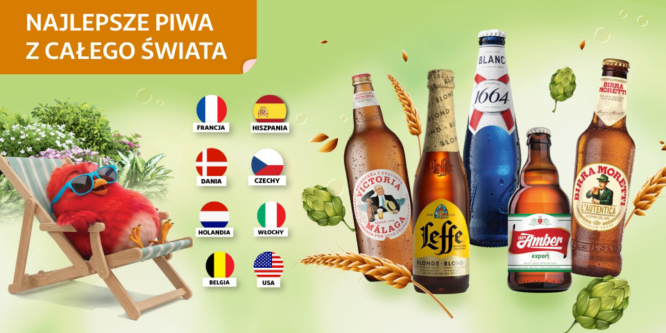  Reklama z hasłem "Najlepsze piwa z całego świata" przedstawiająca pięć butelek piwa: Victoria Malaga, Leffe Blonde, 1664 Blanc, Amber Export i Birra Moretti L'Autentica. W tle grafika czerwonego ptaka w okularach na leżaku.