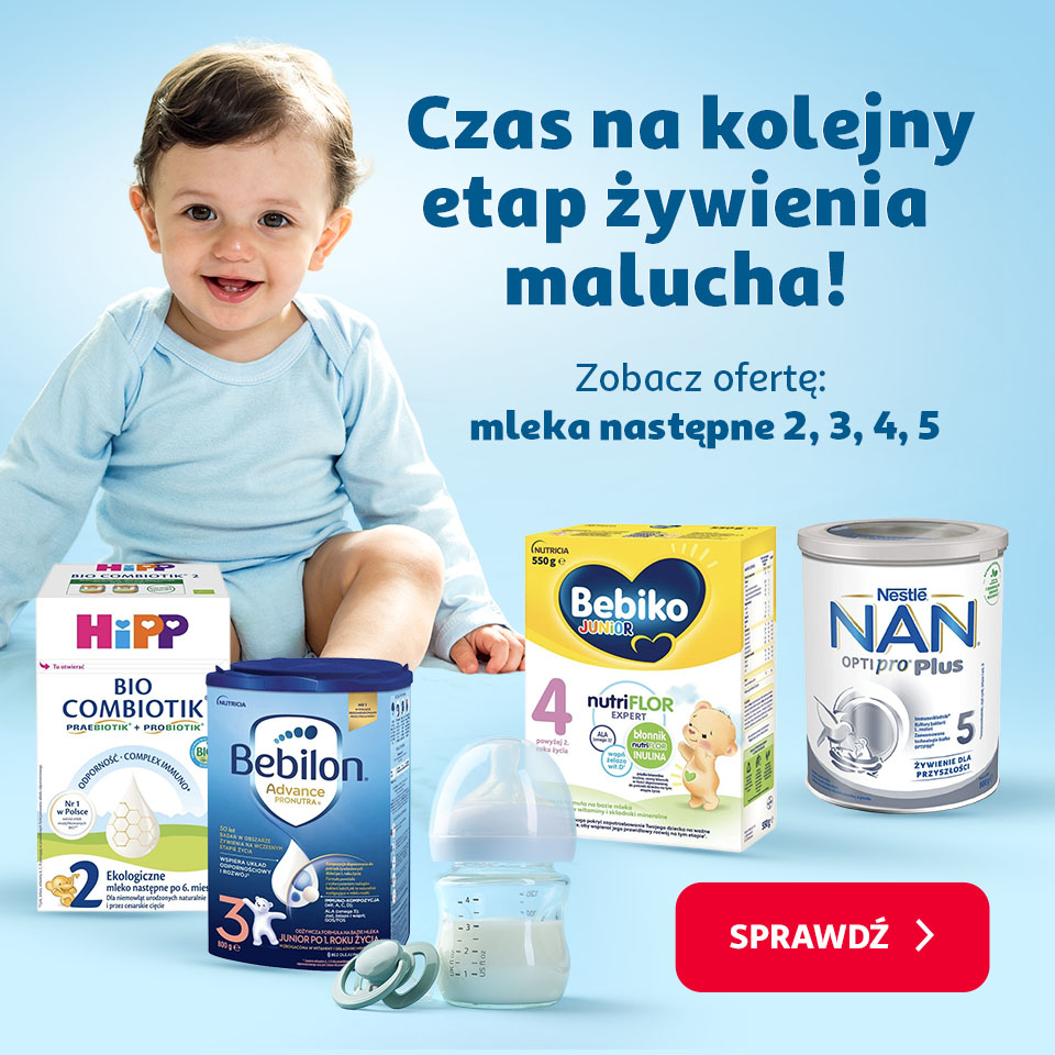 Baner informujący o ofercie mleka modyfikowanego nr 2, 3,4, 5. Na banerze znajduje się zdjęcie dziecka oraz zdjaecia produktów marki HIpp, Bebilon, Nan
