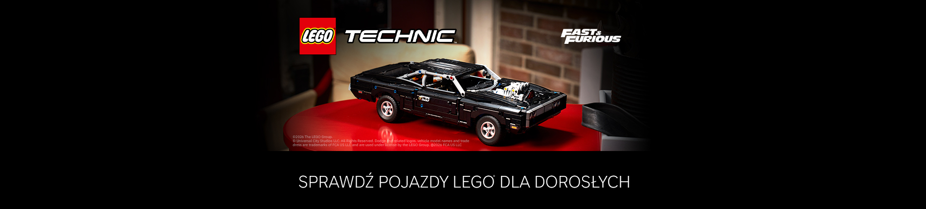 Baner LEGO Technic z czarnym modelem samochodu inspirowanym serią Fast & Furious oraz hasłem „Sprawdź pojazdy LEGO dla dorosłych”.