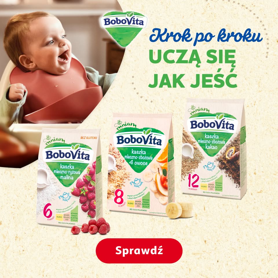 Grafika BoboVita z uśmiechniętym niemowlęciem i hasłem „Krok po kroku uczy się jak jeść”. Przedstawiono kaszki: mleczno-ryżową malinową od 6. miesiąca, mleczno-zbożową 4 owoce od 8. i kakaową od 12. miesiąca. Przycisk „Sprawdź”.