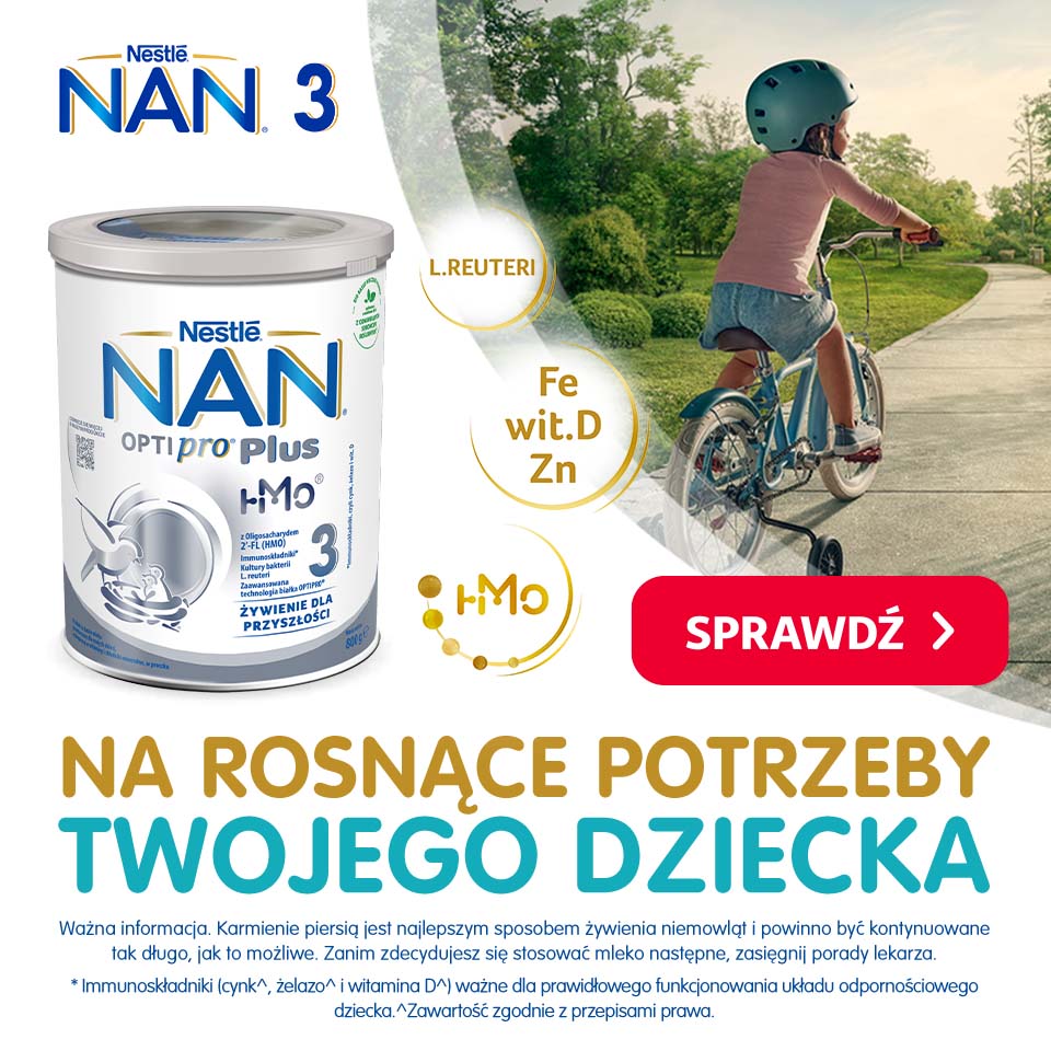 Baner reklamowy Nestlé NAN 3 OPTIpro Plus HMO, przedstawiający puszkę mleka modyfikowanego i dziecko na rowerze w parku. Podkreśla składniki jak Fe, wit.D, Zn i HMO, wspierające rozwój. Zachęca do sprawdzenia produktu dla rosnących potrzeb dziecka.