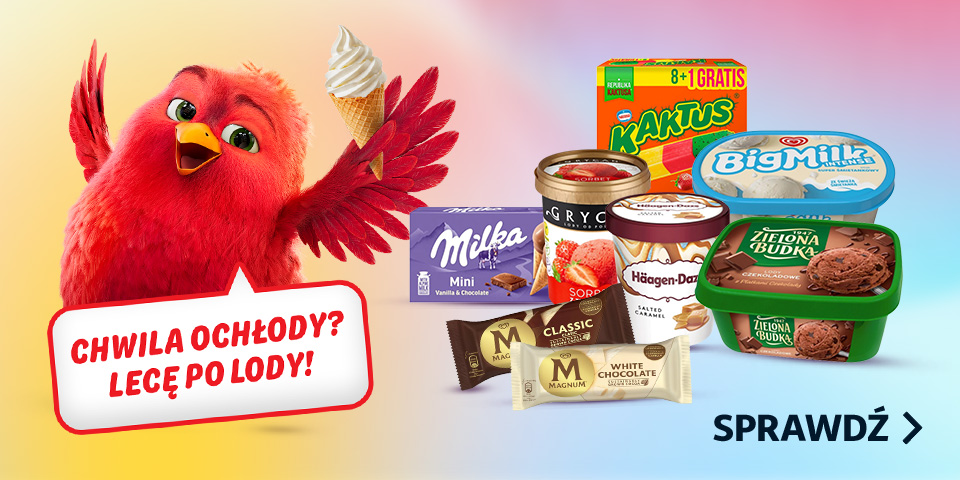 Baner reklamowy z czerwonym, kreskówkowym ptakiem trzymającym loda w wafelku. Ptak mówi: 'CHWILA OCHŁODY? LECĘ PO LODY!'. Poniżej ułożone są różne lody i słodycze, m.in. Kaktus, Milka, Grycan, Häagen-Dazs, Magnum, BigMilk, Zielona Budka. Tło gradientowe.