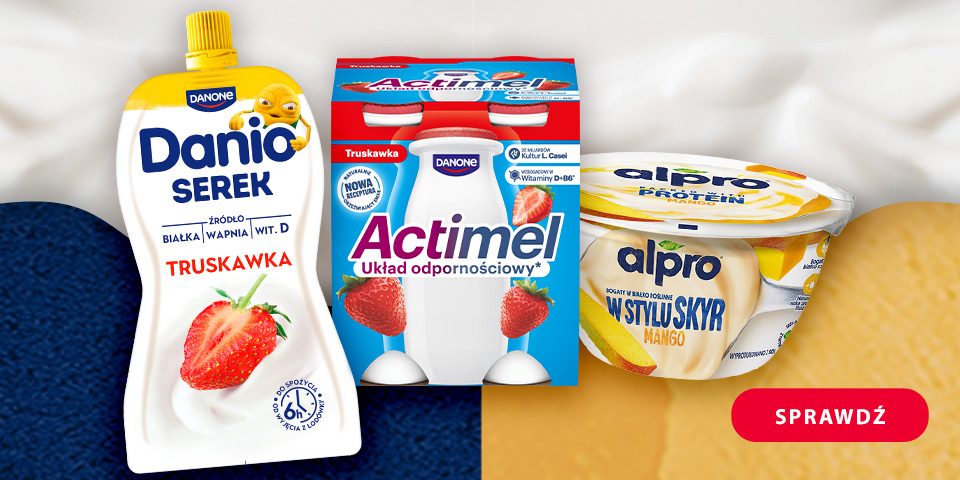Baner „Wróć do szkoły z ulubionym śniadaniem”. Produkty: serek Danio truskawkowy w saszetce, napój Actimel truskawkowy oraz roślinny Alpro w stylu skyr o smaku mango. Produkty na biało-granatowo-żółtym tle.