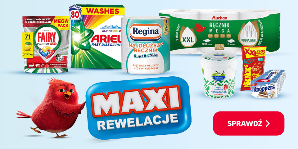 Baner reklamowy z hasłem MAXI REWELACJE". Przedstawia różnorodne artykuły w dużych opakowaniach lub w multi opakowaniach np. proszek, kapsułki do zmywarki, papier toaletowy, jogurt, chrupki. 