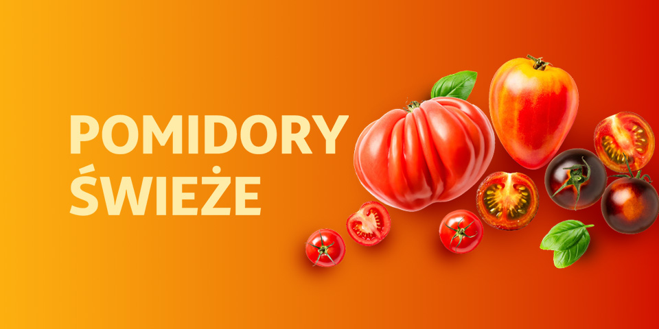Grafika z napisem „Pomidory świeże” na pomarańczowym tle. Obok widoczne różne odmiany pomidorów: malinowe, czerwone, żółte i ciemne koktajlowe, w całości oraz przekrojone, z zielonymi liśćmi bazylii.