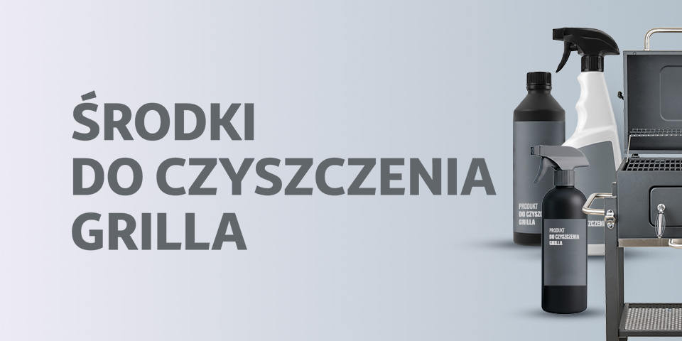 Środki do czyszczenia grilla: trzy preparaty w sprayu i butelce oraz grill gazowy na jasnoszarym tle.