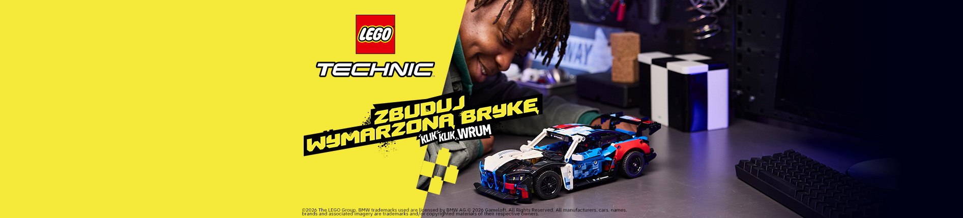 Baner LEGO Technic z chłopcem budującym model samochodu z klocków LEGO przy biurku. Na grafice widoczne logo LEGO Technic oraz hasło „Zbuduj wymarzoną brykę”.