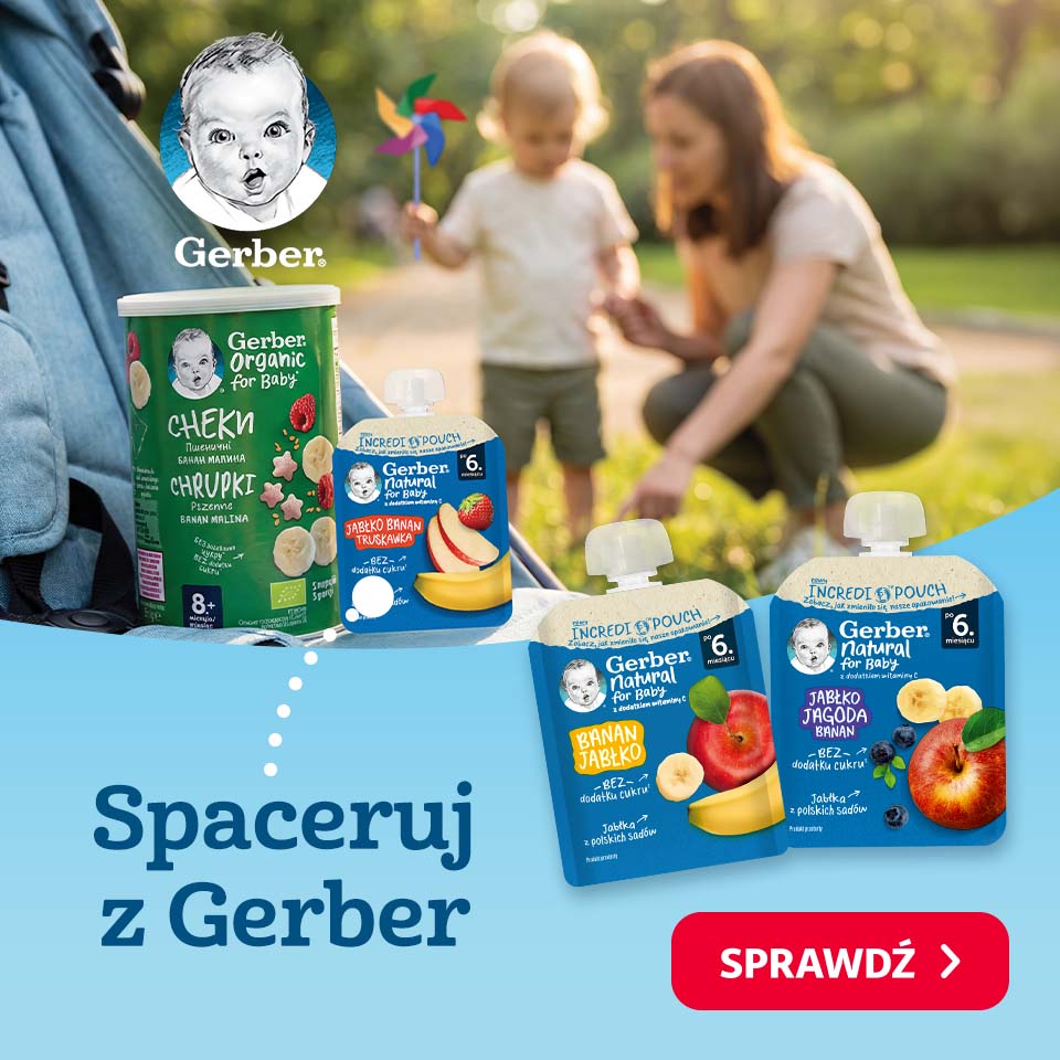 Baner reklamowy Gerber przedstawiający produkty dla dzieci na tle rozmytego zdjęcia matki z dzieckiem na spacerze. Widoczne są chrupki w zielonym opakowaniu i musy owocowe w saszetkach. Hasło "Spaceruj z Gerber" i przycisk "SPRAWDŹ >".