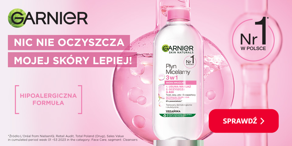 Reklama płynu micelarnego Garnier 3w1 z hasłem "Nic nie oczyszcza mojej skóry lepiej!". Produkt Nr 1 w Polsce, hipoalergiczny, dla skóry wrażliwej. Tło różowe z bąbelkami.