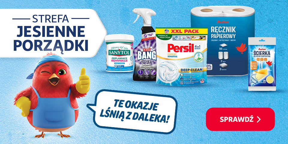 Grafika „Strefa jesienne porządki” z produktami do sprzątania: Sanytol, Cillit Bang, kapsułki Persil, ręcznik papierowy i ściereczka Auchan. Obok czerwony ptak w niebieskim fartuchu, hasło „Te okazje śnią z daleka!” i przycisk „Sprawdź”.