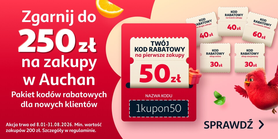 Baner promocyjny Auchan informujący o możliwości uzyskania do 250 zł na zakupy. Widoczne są różne kupony rabatowe, w tym główny czerwony kupon na 50 zł z kodem "Ikupon50" oraz stos mniejszych kuponów z kwotami 60 zł, 40 zł, 30 zł.