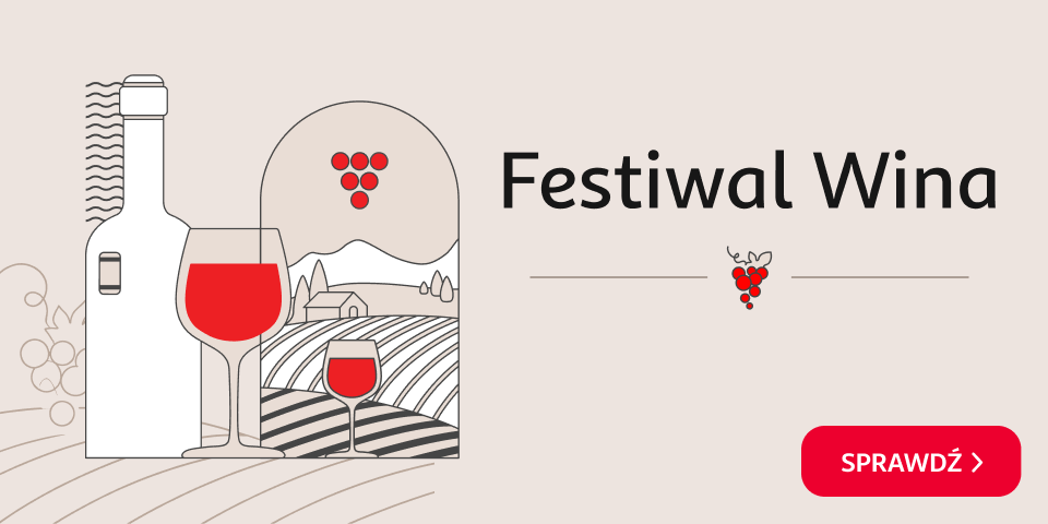  Jasna grafika z napisem „Festiwal Wina”. Ilustracje kieliszków z czerwonym winem, butelek, kiści winogron oraz winnicy z rzędami pól i zabudowaniami. Po prawej czerwony przycisk „Sprawdź”. 