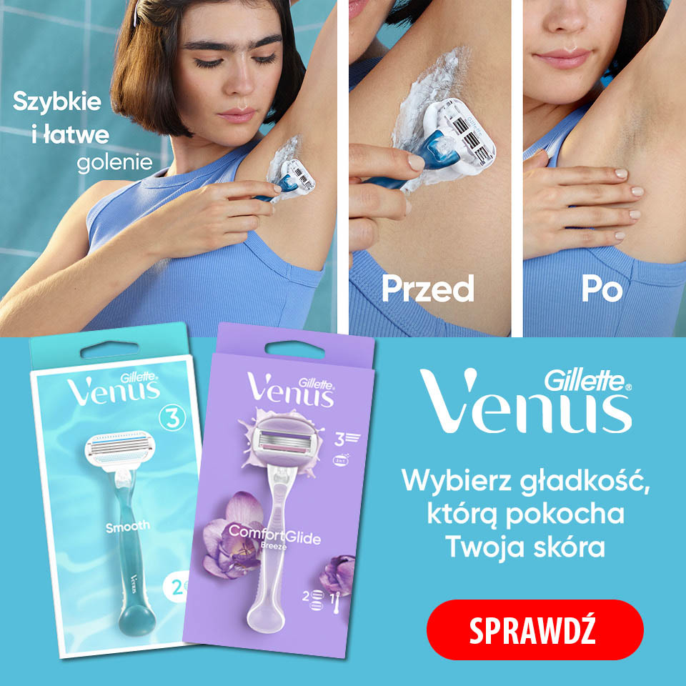Baner reklamowy maszynek do golenia Gillette Venus, przedstawiający kobietę golącą pachę oraz efekty przed i po. Na dole widoczne są dwa opakowania produktów i hasło "Wybierz gładkość, którą pokocha Twoja skóra" z przyciskiem "SPRAWDŹ".