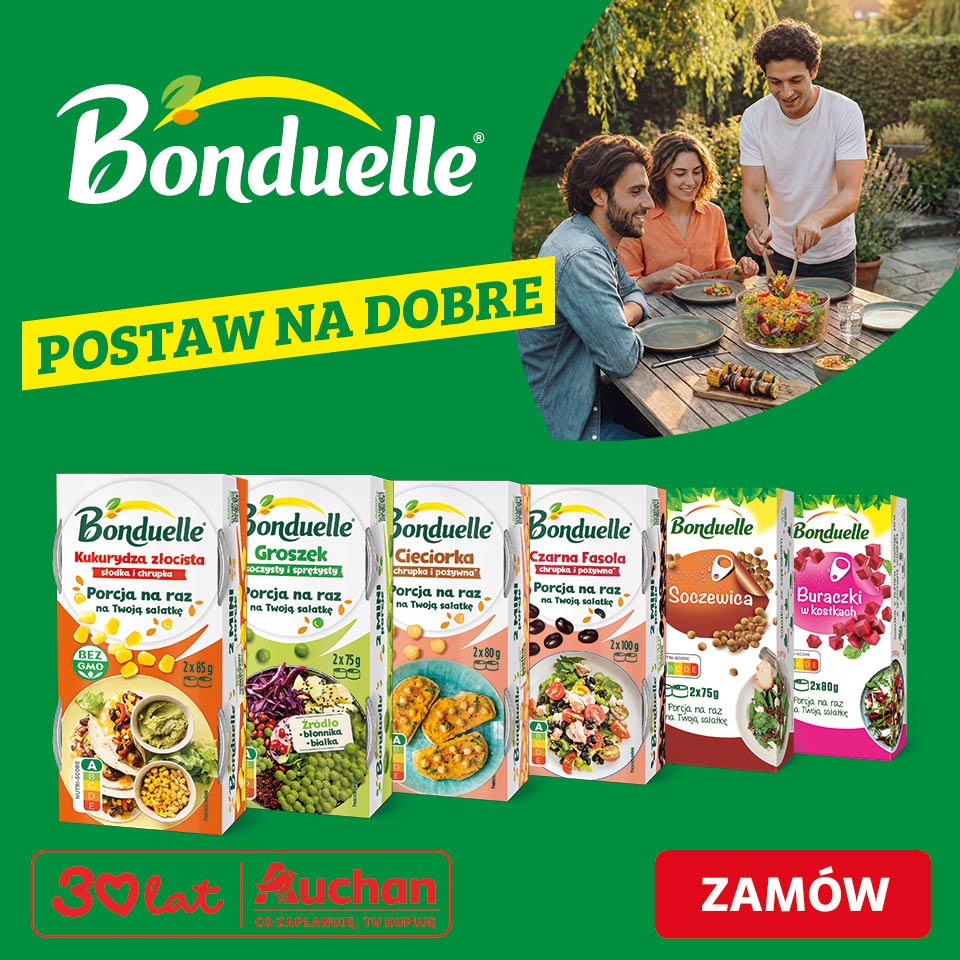 Baner reklamowy Bonduelle z hasłem "POSTAW NA DOBRE", przedstawiający uśmiechniętych ludzi jedzących sałatkę na świeżym powietrzu oraz sześć opakowań produktów Bonduelle, takich jak kukurydza, groszek i fasola.