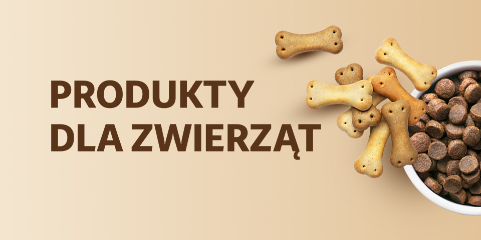 Miska z karmą dla zwierząt i przysmaków w kształcie kości na beżowym tle. Napis: „Produkty dla zwierząt"