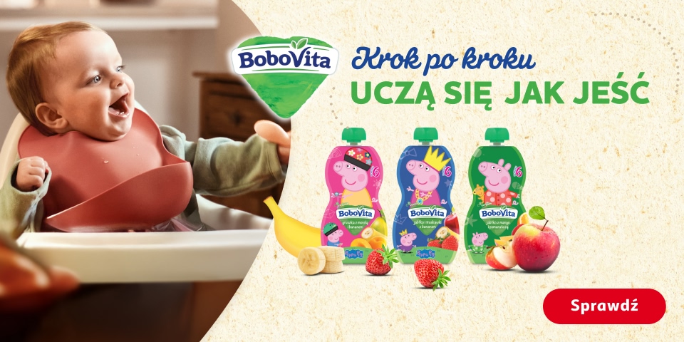Baner BoboVita z uśmiechniętym dzieckiem, trzema saszetkami Peppa Pig z owocami (jabłko, banan, truskawka) i napisem "Krok po kroku UCZĄ SIĘ JAK JEŚĆ". Jasne tło, czerwony przycisk "Sprawdź" w prawym dolnym rogu.