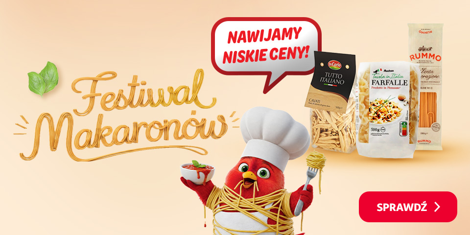Baner „Festiwal Makaronów” z hasłem „Nawijamy niskie ceny!”. Czerwony ptak w czapce kucharskiej trzyma miskę makaronu z sosem i widelec, a wokół niego owinięty jest makaron. Po prawej opakowania makaronów DiCarlo, Auchan i Rummo.